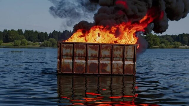 Dumpster fire lake water smoke outdoor disaster pollution environment emergency burning metal container nature crisis dramatic