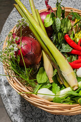 Sun-dappled basket of lemongrass, red chili, and herbs evokes tropical Thai Songkran zest, culinary mosaic, verdant vibrancy