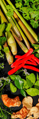 Vibrant Thai ingredients ensemble; zesty lemongrass, fiery chilies, and verdant herbs evoke...