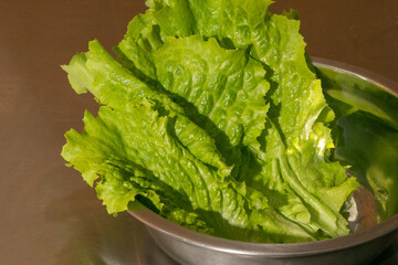 Crisp lettuce leaves nestle in metal bowl under golden afternoon light, perfect for Earth Day's verdant feasts and raw detox celebrations