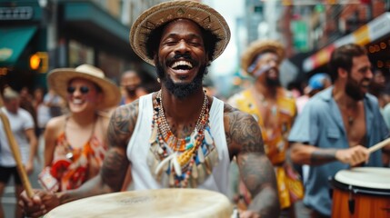 A joyful drummer, wearing a hat and a broad smile, is energetically performing in a vibrant street parade filled with cheerful participants enjoying the festive atmosphere.