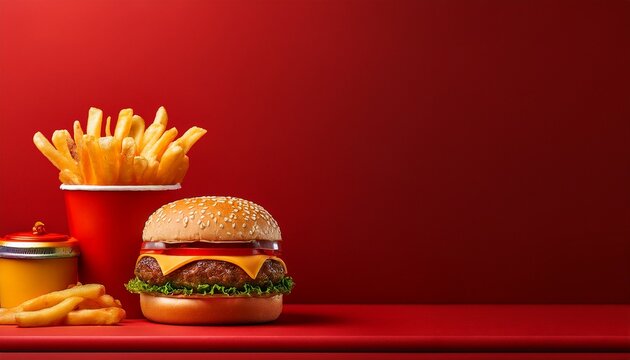 fast food on a red background national cheeseburger day concept with copy space area - Powered by Adobe