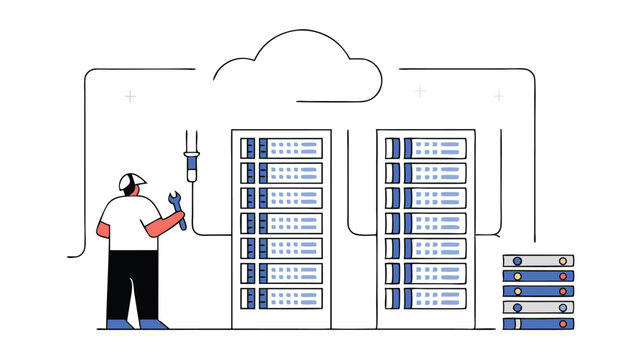 Engineer with wrench repairing server racks connected to cloud network infrastructure system design - Powered by Adobe