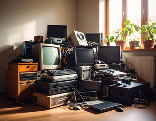electronic waste such as computers, monitors and others in an empty room