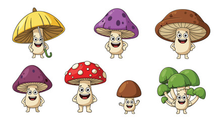 Cartoon Fungi Characters with Various Shapes Colors and Features in a Diverse Group