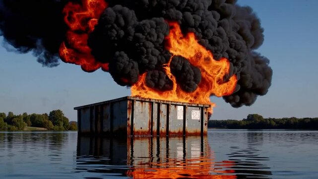 Dumpster fire lake smoke outdoor water dramatic disaster scene with pollution, metal, nature reflection, burning dumpster