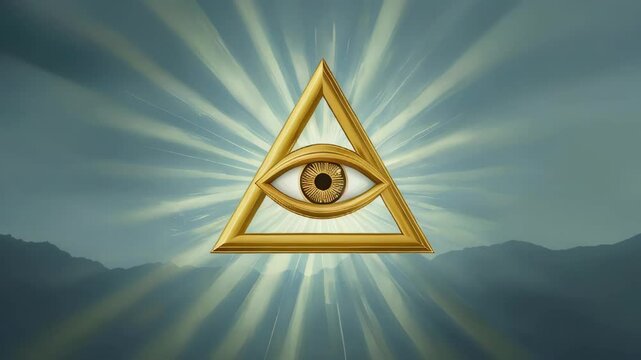 Mystical golden eye inside a glowing triangle radiates powerful energy, symbolizing enlightenment, divine vision, cosmic awareness, secret knowledge, higher consciousness, and spiritual awakening