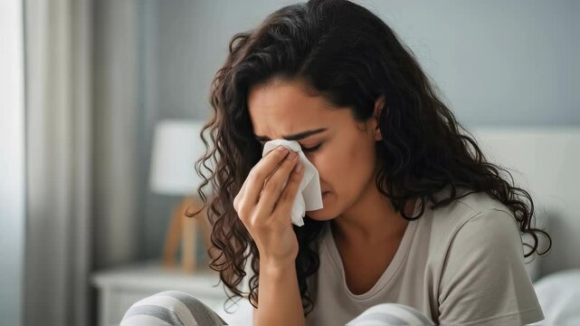 A sad, crying woman wiping tears with a tissue in her bedroom. Mental health, grief, and depression concept. Scene for psychological help services or social issue campaigns