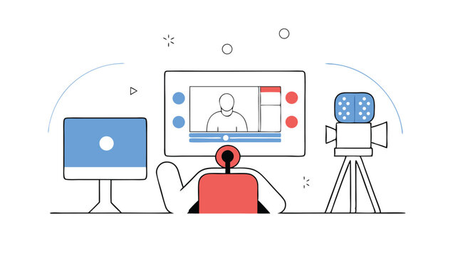 Illustration of a person sitting in front of a computer screen with a camera on a tripod setup