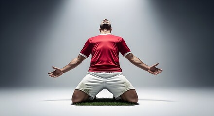 Soccer Player Celebrating Goal - Footballer in Red Jersey Kneeling in Victory Under a Spotlight on a Patch of Grass, Arms Outstretched