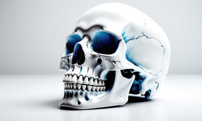 Realistic skull with blue accents on white background