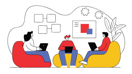 Three people sitting on beanbags working on laptops in a collaborative office environment design at work