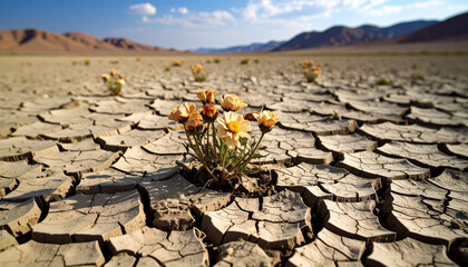 Dry and wilted flower plants on arid and cracked soil. Drought concept