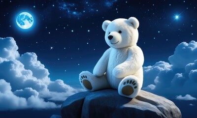 Nighttime serenity: cute teddy bear under a starry sky with full moon and clouds
