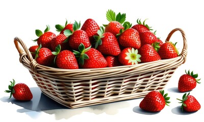 Fresh strawberries in wicker basket with vibrant red texture and green leaves