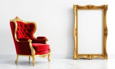 Luxurious red armchair and ornate gold frame in elegant interior setting