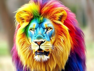 A vibrantly colored male lion with a rainbow mane looks forward
