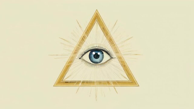 Mystical golden eye inside a glowing triangle radiates powerful energy, symbolizing enlightenment, divine vision, cosmic awareness, secret knowledge, higher consciousness, and spiritual awakening