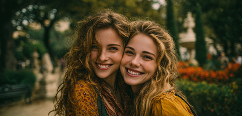 Fototapeta premium Two women with long hair are smiling and hugging each other. They are wearing yellow shirts and backpacks