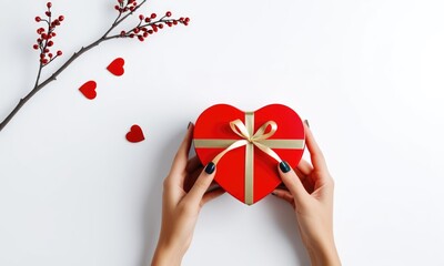 Heartshaped gift box with ribbon surrounded by hearts and branch on white background