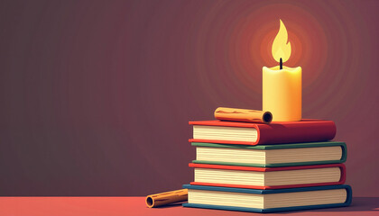 Stack of books with candle and cinnamon stick, illustration with space for text