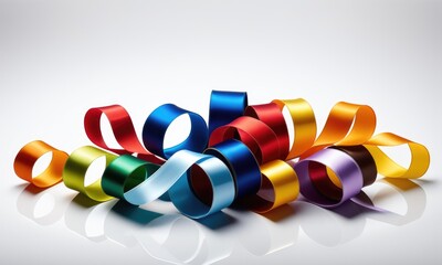 Colorful satin ribbons in a curved arrangement on a reflective surface