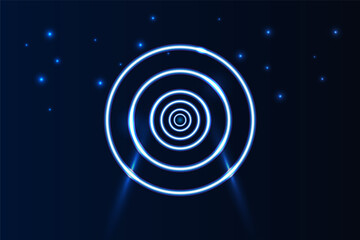 Fototapeta premium Abstract concentric neon blue circles glowing against a dark backdrop with scattered light particles, perfect for tech or sci fi themes