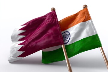 Qatar  India flags on white closeup Flags are maroonwhite  orangewhitegreen with a navy wheel