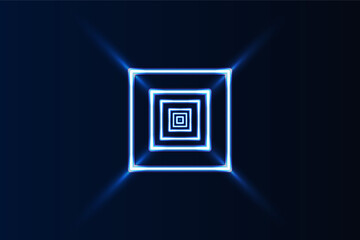 Glowing blue neon squares forming a tunnel like visual illusion on a dark background, evoking a futuristic digital vibe