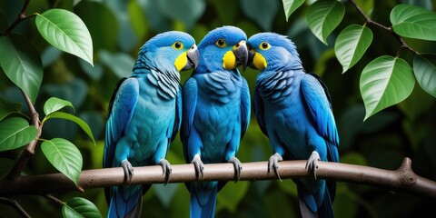 Obraz premium Three blue parrots perched on a branch amidst lush green leaves