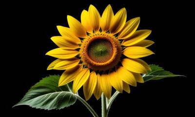 Vibrant sunflower bloom with lush green leaves on black background