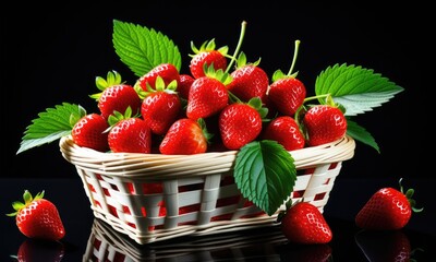 Fresh ripe strawberries in a basket against a black background