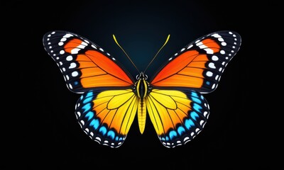 Vibrant multicolored butterfly with symmetrical pattern on black background