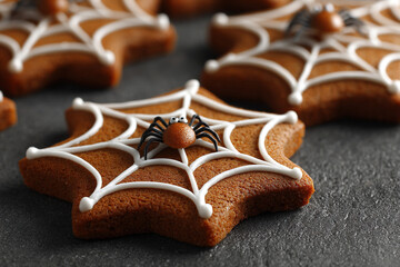 Festive fall flavors. Star-shaped autumn cookies decorated with spider webs and spiders sitting on a gray surface are ready for Halloween.