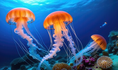 Vibrant jellyfish in a luminous underwater coral landscape