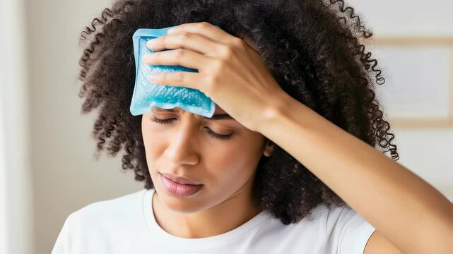 An african american woman with a headache applying a cold gel pack to her forehead. Home treatment for migraine or fever. Scene for medical products and healthcare advice