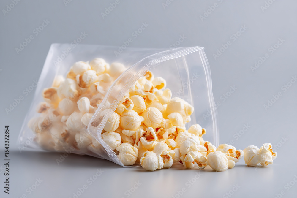 Poster popcorn spills from a clear plastic bag, against a neutral background. a simple setup emphasizes the