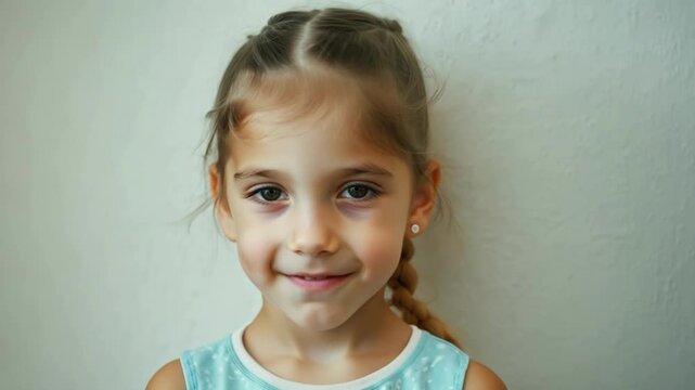 Young blonde girl with braided hair looks directly at camera with calm neutral expression against soft gray background creating clean portrait with copy space for text