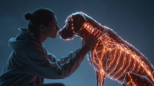 Veterinarian interacts with a holographic projection of a dog, its nervous system highlighted, demonstrating advanced diagnostic technology