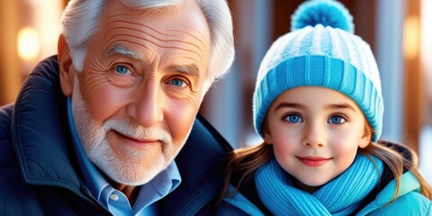 Warm winter smiles: grandfather and granddaughter in cozy blue knitwear embrace