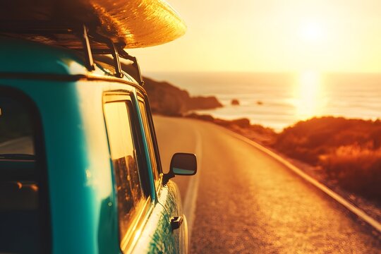 Fototapeta Vintage car with surfboard on roof driving along scenic coastal road at sunset