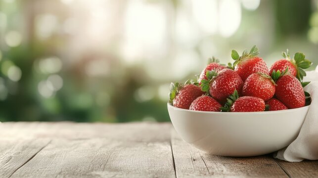 A vibrant display of fresh strawberries arranged in a white bowl resting on a rustic wooden table, evoking feelings of freshness and culinary delight.