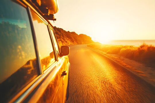 Fototapeta Vintage car with surfboard on roof driving along scenic coastal road at sunset