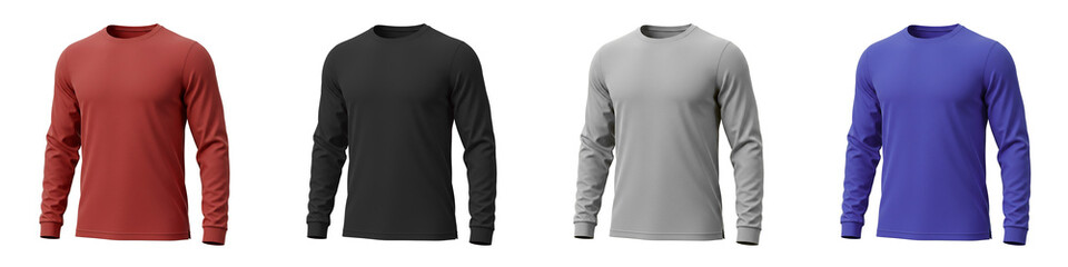 Naklejka premium Long sleeve t-shirt mockup in red, black, grey, and blue colors, isolated images on a transparent background 