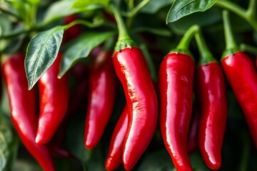 Closeup of shiny red chili peppers surrounded by fresh green leaves for vibrant culinary use