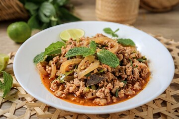Spicy Minced Pork Salad, thai isan food, thai called Larb Moo	