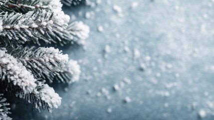 A stunning view of snow-covered evergreen branches against a soft blue background, evoking feelings of winter's tranquility and seasonal beauty in nature's wonders.