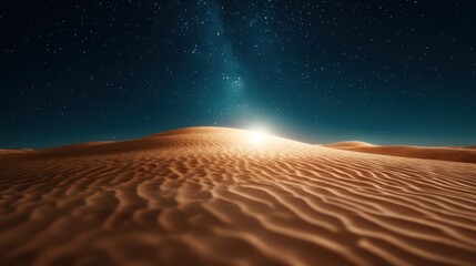 Naklejka premium A breathtaking desert landscape illuminated by the soft glow of dawn, showcasing rolling sand dunes under a starry sky and the hint of a new day emerging on the horizon.