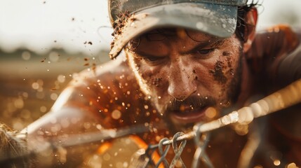 An intense and gritty portrait of a farmer covered in mud, exemplifying hard work and dedication as he pulls himself towards the fence with determination against nature's challenges.