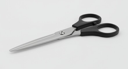 Fototapeta premium Stainless steel scissors with black ergonomic handles placed diagonally on a clean white background, professional studio lighting, high resolution, isolated object